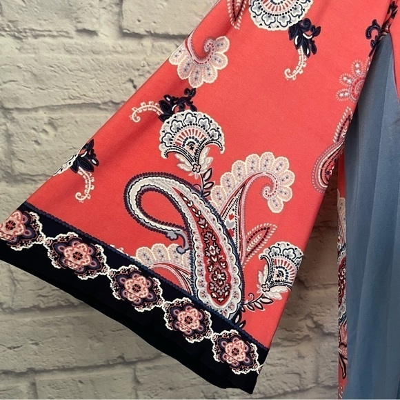 STUDIO One 3/4 Bell Sleeves Paisley Print Shift Crew Neck Midi Dress Size Medium - Picture 4 of 11